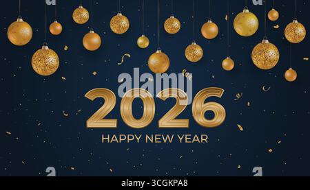 2026 Happy New Year Hintergrund mit Goldkugeln und Schneeflocken. Blauer Hintergrund. Luxuriöse Weihnachtsgrußkarte Stock Vektor