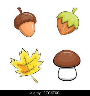 Niedliche Karikatur Eichel, Nuss, Ahornblatt und Pilz – Herbst Vektor Illustration Set. Entzückende Zeichentrickstil Vektorillustration auf weißem Hintergrund. Stock Vektor
