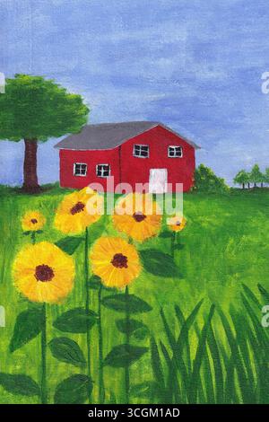 Acrylgemälde eines roten Hauses mit einem großen Hof und einem wunderschönen Blumengarten im abstrakten Stil auf Leinwand. Stockfoto