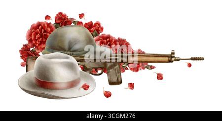 Nelkenrevolution 25. april 1974 in Portugal, wo Zivilhut, Soldatenmütze, Vintage-Gewehr mit roten Blumen zu Symbolen der friedlichen Flut wurden Stockfoto