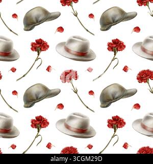 Nahtloses Muster aus Simbols von portugiesischen Revolution-roten Nelken, Blütenblättern, Zivilhüten und Soldaten Baskenmützen Symbole für seine friedliche Flut. Handgezeichnet Stockfoto