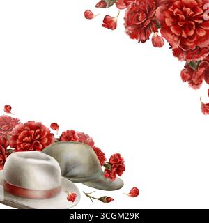 Die Nelkenrevolution von 1974 in Portugal, quadratischer Rahmen, zivile Hüte und Soldatenmützen wurden zu Symbolen für friedliche Gezeiten, die sich alle unter den Blüten entfalten Stockfoto