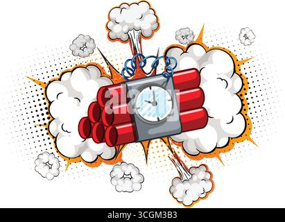 Vektor-Illustration der roten Dynamit Zeitbombe mit Uhr, Comic-Explosionswolken und Halbtoneffekten. Stock Vektor