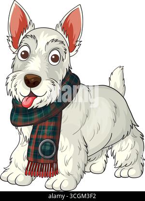 Verspielter Vektor-Cartoon des fröhlichen weißen schottischen Terrierhundes im grünen Schottenschal, Vorderansicht. Stock Vektor