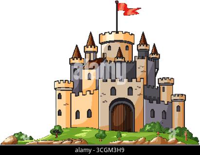 Vektor-Illustration einer großen mittelalterlichen Steinburg mit Türmen, Zinnen und roter Flagge. Stock Vektor
