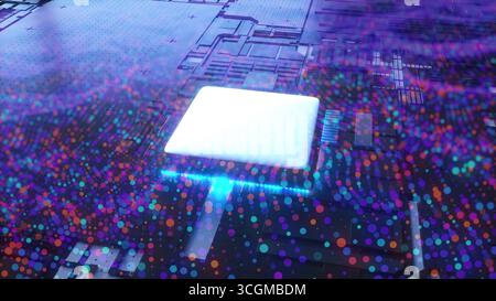 Leiterplatte mit Partikeln. Computergeneriertes 3D-Rendering Stockfoto