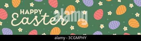Frohe Ostergrüße Banner mit bunten Eiern Gänseblümchen Blumen - Vektor Illustration Stock Vektor