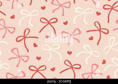 Nahtloses Girly, valentinstag-Muster mit Schleife und Herzen; ideal zum Einpacken, Grußkarten, Grafiken in sozialen Medien – Vektorillustration Stock Vektor