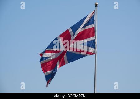 Flagge des Vereinigten Königreichs oder der British Union. Verbindungsbuchse. Von flagstaff aus fliegen. Stockfoto