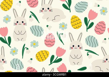 Niedliches ostern, nahtloses Frühlingsmuster mit Häschen, Eiern, Schneeglöckchen und Tulpen; ideal zum Einpacken, Grußkarten, Social-Media-Grafik--Vektor-Illus Stock Vektor