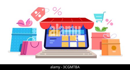 Online-Shopping-Laptop. Digitale Filiale, E-Commerce-Konzept. Internet-Einzelhandel, Webshop-Marketing Stock Vektor