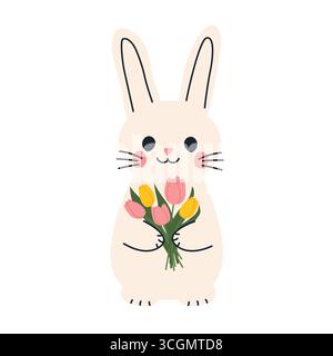 Niedlicher osterhase hält Tulpenstrauß -Vektor-Illustration Stock Vektor