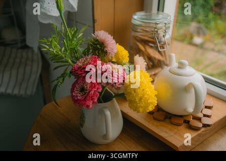 Fröhlicher Blumenstrauß aus rosa Zinnien und gelben Ringelblumen, der in einem weißen Krug auf einem Holztisch neben einem Fenster liegt, gepaart mit einer Teekanne und einem Glas mit Keksen, die ein gemütliches Stillleben schaffen Stockfoto