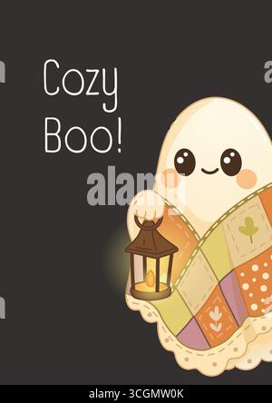 Entzückende Halloween-Grußkarte mit einem Kawaii-Geist mit einer Laterne und einer Steppdecke. Gemütliche Boho Herbst Illustration. Stock Vektor