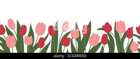 Nahtloses Banner mit Tulpenblüten; ideal für ostern, Muttertag, Geburtstag, Jubiläumsgrüße - Vektor-Illustration Stock Vektor