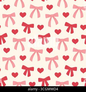 Nahtloses Girly, valentinstag-Muster mit Schleife und Herzen; ideal zum Einpacken, Grußkarten, Grafiken in sozialen Medien – Vektorillustration Stock Vektor