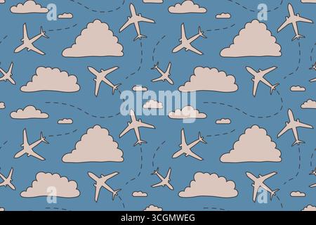 Nahtloses Muster mit Flugzeugrouten am Himmel. Es ist ideal für Reisen-Websites, Flugzeugdesign, Vektorillustration Stock Vektor
