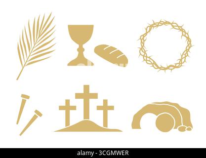 goldenes Set von Oster- und Karwoche verwandten Ikonen: Palmblatt, heiliger Kommunionkelch, Dornenkrone, Nägel, Mount Calvary, Jesus Grabmal - Vektor illus Stock Vektor