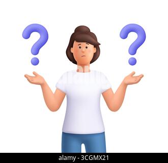 Verwirrte Frau Jane, die mit den Achseln zur Seite steht und Fragezeichen hat. Auswahl, Problemlösung, Entscheidungskonzept. 3D-Vektor Stock Vektor