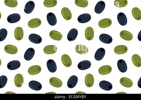 Nahtloses Muster mit grünen und schwarzen Oliven, perfekt für Lebensmittelverpackungen, Restaurantmenüs, Küchenbekleidung, Wohnkultur und Schreibwaren Stock Vektor