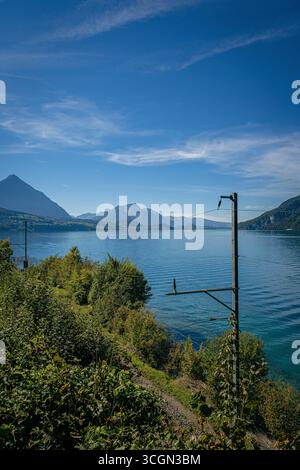 Alpensee mit tiefblauem Wasser, umgeben von Bergen und grünen Hügeln unter klarem Himmel, vom Ufer aus gesehen, mit rustikalem Pol im Vordergrund Stockfoto