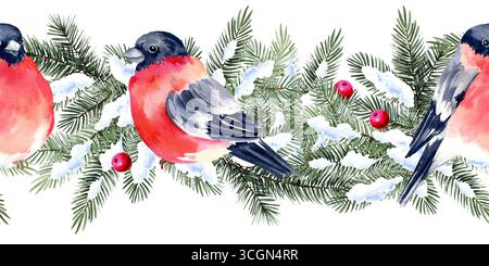 Aquarell-Weihnachtsbaum im Schnee, rote Beeren, rote und schwarze Bullfinken Vögel, nahtlose Grenze, handgezeichnete Skizze von grünen Tannenzweigen mit Fliege Stockfoto