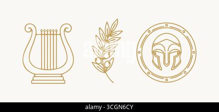 Eine horizontale Reihe minimalistischer goldener Embleme, inspiriert vom klassischen Griechenland, mit Leier, Olivenzweig, Kriegermedaillon und dekorativem laure Stock Vektor