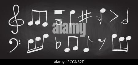 Notenzeichen mit Buntstift in Pastellfarben oder Kreide kritzelnd handgezeichnete Symbolformen. Stock Vektor