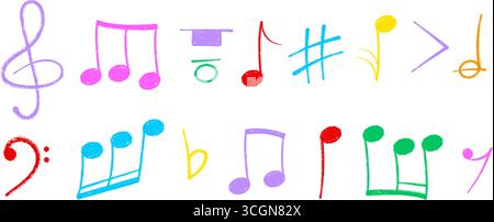Notenzeichen mit Buntstift in Pastellfarben oder Kreide kritzelnd handgezeichnete Symbolformen. Stock Vektor