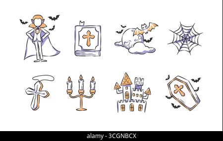 Set von halloween dracula oder Vampirillustration. Symbol „Hand gezeichnet“ . Vektor . Stock Vektor