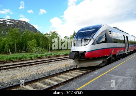 Ein Dieseltriebwagen der Baureihe 93 am Bahnhof Bjorli an der Rauma-Bahn in Westnorwegen. Stockfoto