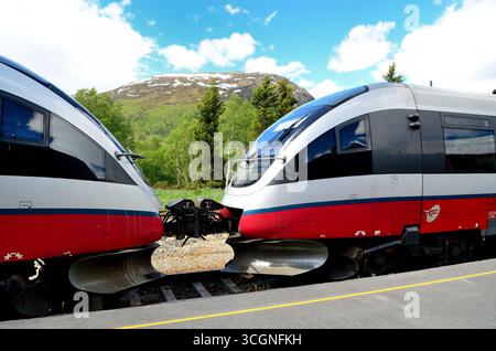 Back to Back Dieseltriebwagen der Baureihe 93 am Bahnhof Bjorli an der Raumabahn in Westnorwegen. Stockfoto