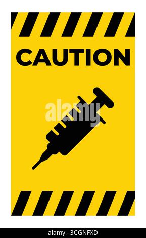 Aufmerksamkeitsstarkes Warnschild mit einem Spritzensymbol auf hellgelbem Hintergrund, das Gesundheits- und Sicherheitshinweise effektiv vermittelt. Ideal für Ed Stock Vektor