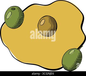 Pfützen gelbes Öl, Olivenöl, flüssiges Gold. Zusammensetzung der Olivenölpuddellen. Vektorgrafik Linie farbige Illustration. Olivenöl, Pfütze, Beeren, Sa Stock Vektor