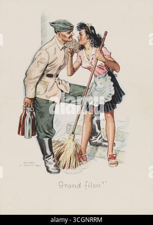 Grand filou – 2. Weltkrieg, deutscher Landser mit Bier im Gespräch mit einer hübschen französischen Dienstmädchen – Illustration von Schmitz, um 1940–1944 – Druck aus Aquarellen, gemalt im Nazi-besetzten Frankreich Stockfoto