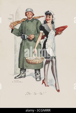 Oh la la – 2. Weltkrieg, deutsche Garde, die auf dem Heimweg vom Markt mit Eiern und Brot eine schöne französische Dienstmädchen angreift – Illustration von Schmitz, um 1940–1944 – Druck aus Aquarellen im von Nazis besetzten Frankreich Stockfoto