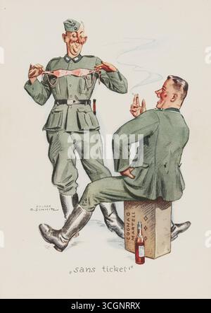 SANs Ticket – 2. Weltkrieg, zwei deutsche Soldaten bewundern einen winzigen französischen BH) – Illustration von Schmitz, um 1940–1944 – Druck aus Aquarellen, gemalt im von Nazis besetzten Frankreich Stockfoto