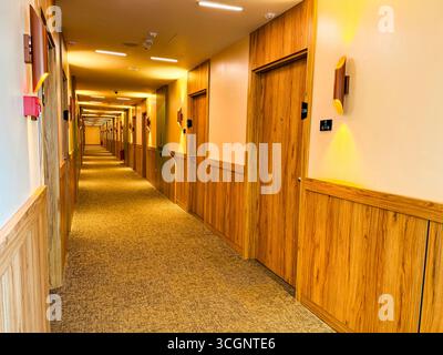 Langer Hotelflur mit ausgerichteten Holztüren und beleuchteten Deckenleuchten für eine perspektivische Aussicht. Gastfreundschaft, Reisen und Architektur Stockfoto