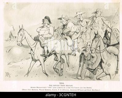 Punch-Cartoon von 1912 mit der Überschrift „The Return from Belfast 1914“, in der der irische Nationalist John Redmond als Napoleon in Bezug auf das geplante Gesetz über die Hausordnung dargestellt wird, das schließlich aufgrund des Ausbruchs des Ersten Weltkriegs scheitern sollte. Echoing Napoleons Rückzug im Französischen Feldzug von 1814 und vorhergesagt, dass die nationalistischen Politiker ebenfalls von Carsons unionistischen Kräften besiegt werden würden. Stockfoto