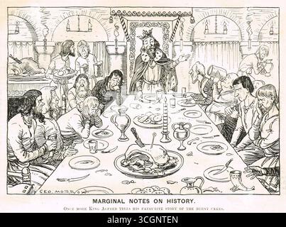 Punsch-Zeichentrick von 1912 mit der Überschrift „Once More King Alfred erzählt seine Lieblingsgeschichte von den gebrannten Kuchen“. Langweilige Höflinge zeigen, die darüber stöhnen, dass sie es noch einmal anhören müssen. Stockfoto