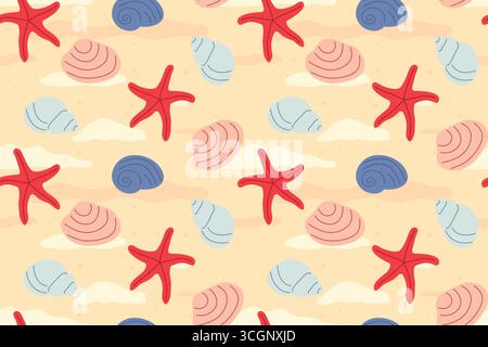 Nahtloser Strand, Meeresmuster mit Sand Muscheln und Seesternen, ideal für Kinder Sommer-Motive, Wohnaccessoires, Tapeten, Verpackung - vecto Stock Vektor