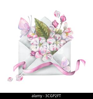 Komposition mit blühenden Apfelblüten im Umschlag und rosa Schmetterling, Band, zarte handgemalte Aquarellillustration, geeignet für Hochzeit Stockfoto