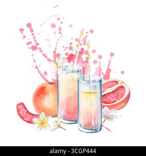 Gläser mit Saft, Grapefruit, Scheibe und halb mit Keksen auf dem Hintergrund. Isolierte Aquarellillustration für Restaurant-Menü-Design, Innenausstattung Stockfoto