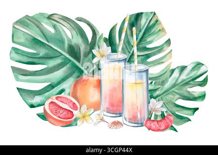 Zwei Gläser mit Saft, Grapefruits auf dem Hintergrund von Blättern. Isolierte Aquarellillustration zum Thema Ruhe für Restaurant-Design, Menüs, t Stockfoto