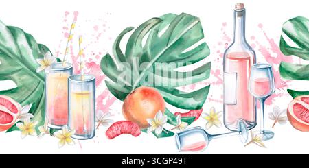 Nahtlose Grenze mit einer Flasche Wein, einem Glas, Blättern und Grapefruit. Isolierte Aquarellillustration zum Thema einer Strandparty für das Design o Stockfoto