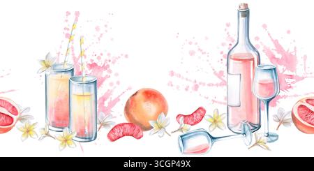 Nahtloser Rand mit Weinflasche, Glas, Spritzern und Grapefruit. Isolierte Aquarellillustration zum Thema einer Strandparty für die Gestaltung von Tex Stockfoto