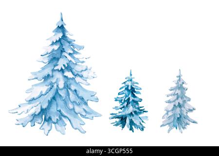 Set mit drei Weihnachtsbäumen. Isoliertes Aquarell zum Thema Winter und Weihnachten für Innenarchitektur, Kinderkleidung, Posterdruck, Post Stockfoto