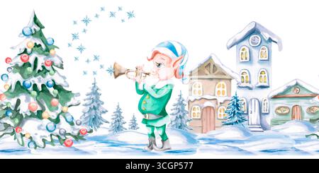 Nahtlose Grenze mit Elfentrompeter und schneebedeckten Häusern. Isolierte Aquarellillustration auf Weihnachtsthema für die Dekoration von Neujahrsfesten, Stockfoto