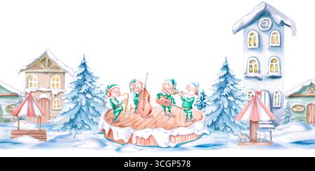 Nahtlose Grenze mit einem Elfenquartett und schneebedeckten Häusern. Isolierte Aquarellillustration auf einem Weihnachtsthema für die Gestaltung des Neujahrsfestes Stockfoto
