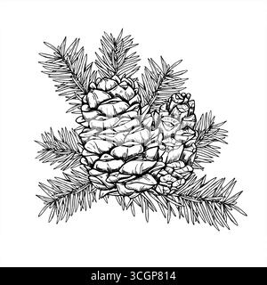 Waldfichtenzweig mit Kegel Bouquet monochrome Vektor isolierte Illustration in linearer schwarz-weißer Art. Winter immergrüne Kiefernzweige Ätzen Stock Vektor